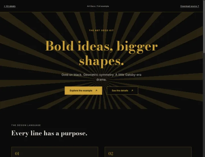 Art Deco example hero and beginning of the feature section